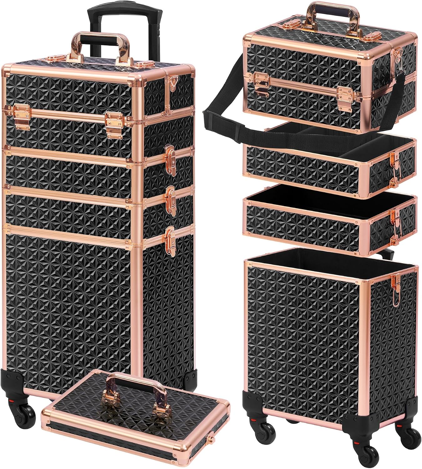 Makeup - Zwart-gouden 5-in-1 rollende make-up koffer met