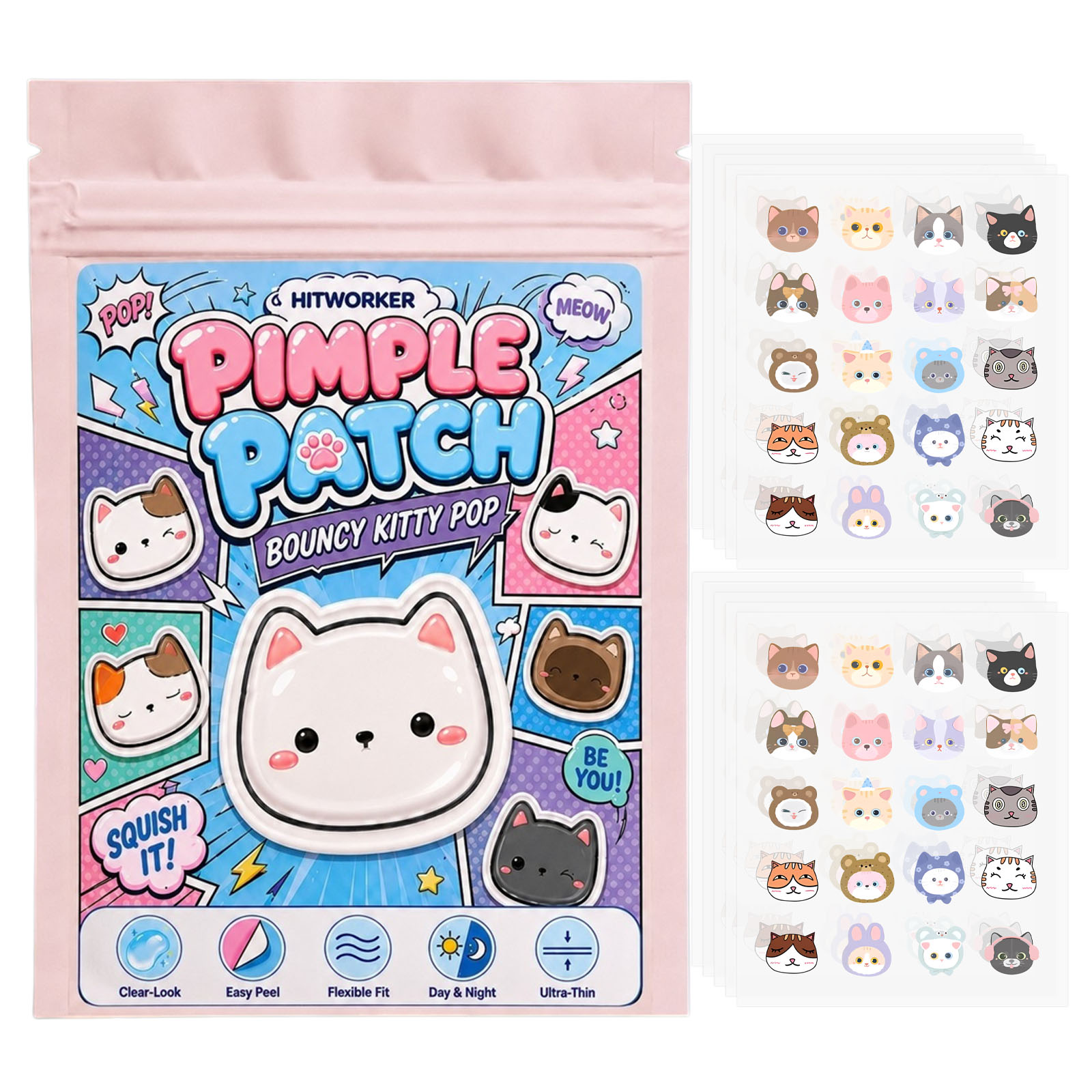Hydrocolloid Pimple Patch - 100 stuks schattige katten puistpleisters, hydrocolloïde