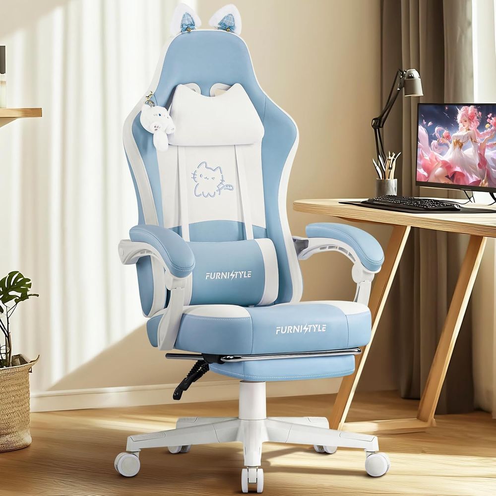 Massage - Ergonomische blauw/witte gamingstoel met lendensteun en